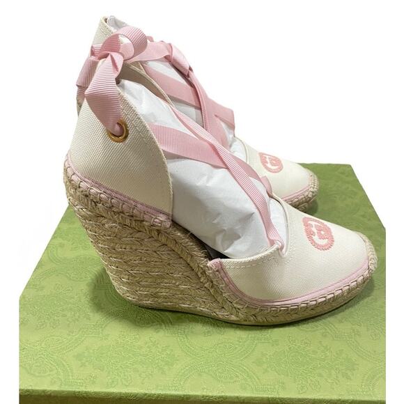 Gucci GG Espadrille Ribbon Tie Canvas Pink Wedge White 38.5 - Picture 6 of 9